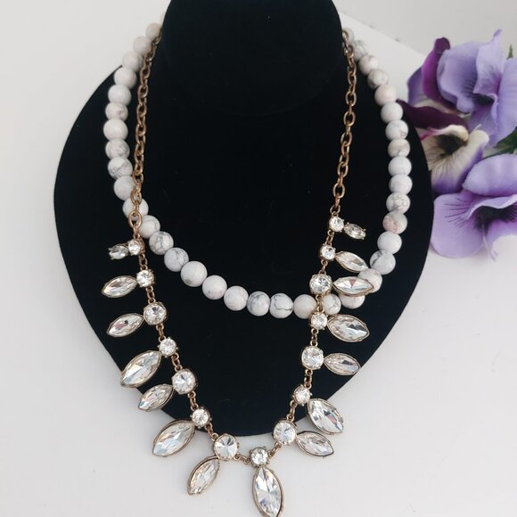 Anthropologie Necklace Boho Chic Double Strand Natural Stone Gold Rhinestones - Picture 3 of 11